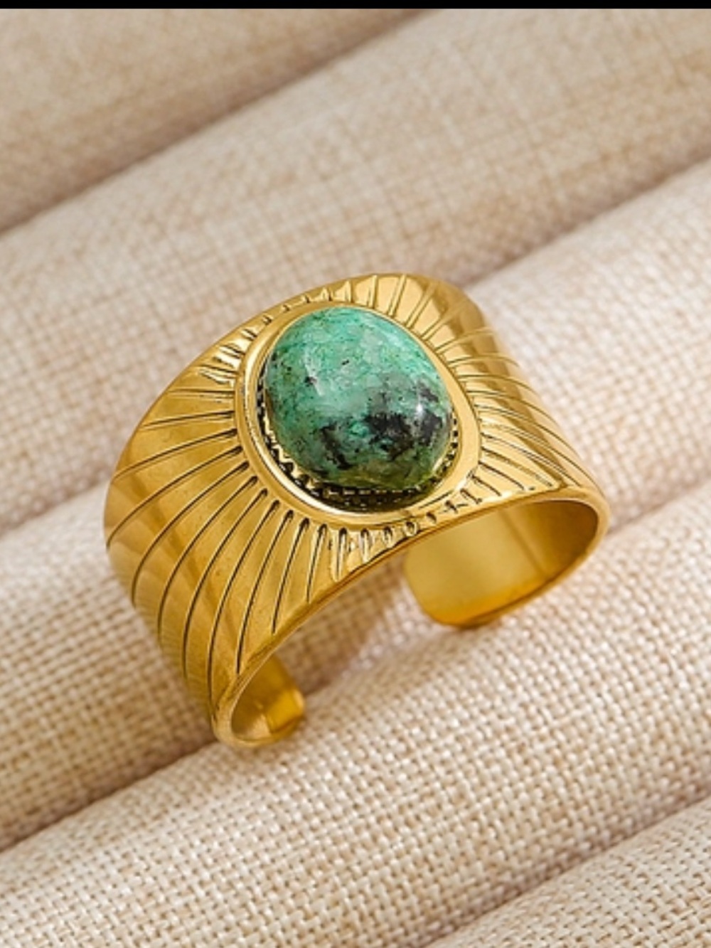 18k Gold Plated Adjustable Ring with Green Turquoise Cabochon